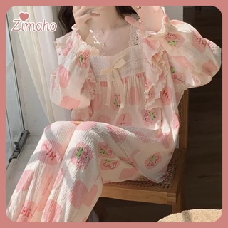 ZIMAHO❤ Bộ Đồ Ngủ nữ mùa đông Dài Tay Pijama Dễ Thương Phối Ren Dáng Rộng Phong Cách Công Chúa Cho Nữ