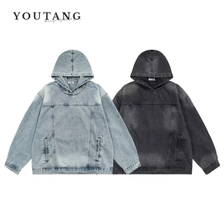 YOUTANG Áo Hoodie denim Tay Dài Màu Xanh Dương Phong Cách retro Mỹ Thiết Kế unisex Cho Cặp Đôi