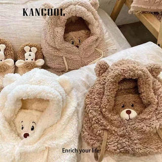 KANCOOL  Set Mũ Len + Găng Tay + Khăn Choàng + Mũ Tai Gấu Màu Trơn Giữ Ấm Mùa Đông Dành Cho Bé Gái