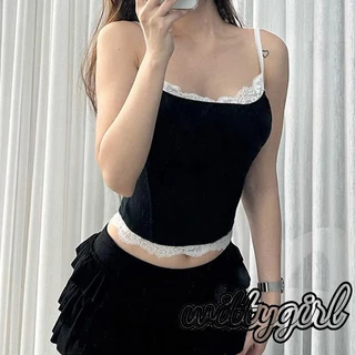 Witty-áo Crop mùa hè dành cho nữ Cami Áo không tay Spaghetti Dây đeo yếm ren trang trí xe tăng