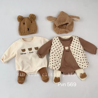 Set Body chip bộ bodysuit gấu chất nỉ co giãn mềm mại KÈM QUẦN TẤT  cho bé từ 3-10kg (BD9)