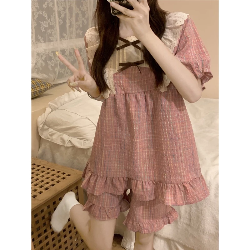 BN185_ Bộ ngủ nữ, bộ pijama ngắn tay kẻ caro hồng cổ bèo công chúa cotton| Hàng Quảng Châu cao cấp