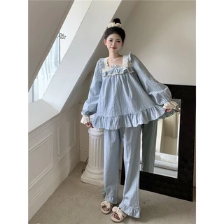 [Sẵn] BN191_ Bộ ngủ nữ, bộ pijama dài tay cổ nơ màu be cotton phong cách Hàn Quốc | Hàng Quảng Châu cao cấp