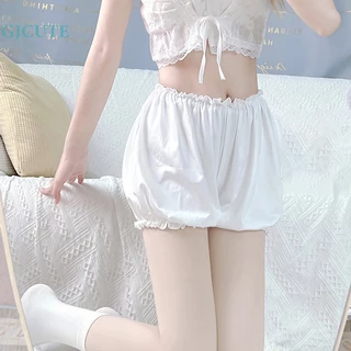 Gjcute Quần Short Lưng Cao Màu Trơn Phối Ren Mặc Ở Nhà Cho Nữ Wd