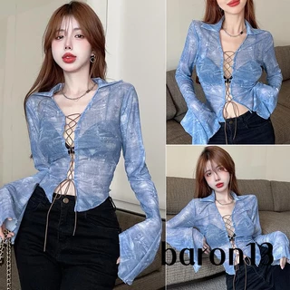 Xo8k-áo Thun crop Top Tay Dài Phối Lưới Phong Cách Đường Phố Cho Nữ