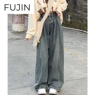 FUJIN quần ống rộng quần nữ jean American retro style jeans 2023 NEW Style 081425