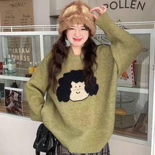 Áo sweater Dệt Kim Tay Dài Cổ Tròn Dáng Rộng Thêu Họa Tiết Hoạt Hình Dễ Thương Cho Nữ