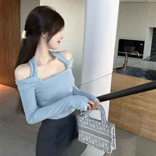 New pure long-sleeved T-shirt with one-line shoulder for girls thin design slim-fit base shirt sexy hot girl knitted top