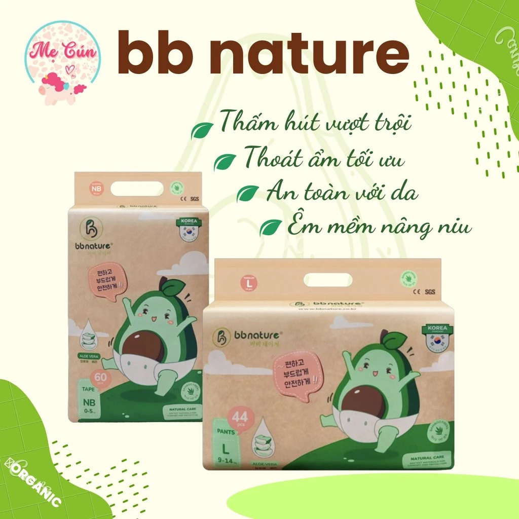 Tã bỉm quần, dán bông hữu cơ BB Nature NB60, S56, M52, M48, L44, XL40, XXL38