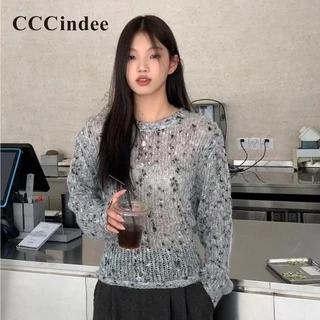 Cccindee Áo Sweater Cổ Tròn Tay Dài Dáng Ôm Phối Màu Tương Phản Thời Trang 2023 Dành Cho Bạn Nữ