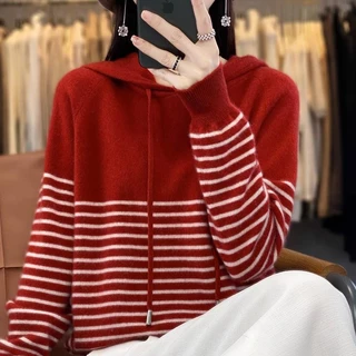 Áo Hoodie Dệt Kim Dáng Rộng Họa Tiết Kẻ Sọc Màu Sắc Thời Trang Thu Đông Xinh Xắn Cho Nữ