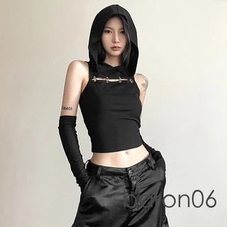 Áo Croptop Ôm Dáng Không Tay Có Mũ Trùm Thời Trang Mùa Hè Cho Nữ