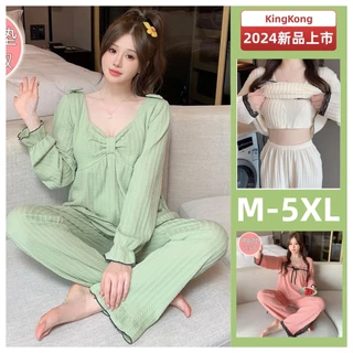 Bộ Đồ Ngủ Cotton Tay Dài Dáng Rộng Màu Sắc Trơn Có Đệm Ngực size M-5XL Phong Cách Hàn Quốc Thời Trang Mùa Xuân Cho Nữ