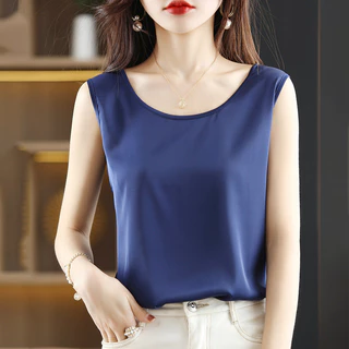 Satin Silk Thân Thiện Với Da Thoáng Khí Thoải Mái Áo Vest Năm Mới Phong Cách Cổ Tròn Màu Trơn