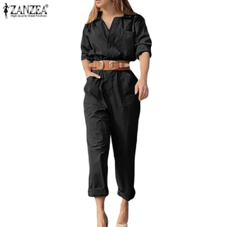 Zanzea Nữ Vintage Tay Dài Cổ Điển Áo Liền Quần Màu Trơn Jumpsuit