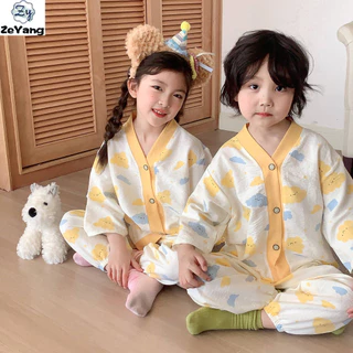 [Zy] 60-160cm Hàng có sẵn cho trẻ em Bộ đồ gạc mềm Bộ đồ Cardigan Bộ đồ mặc nhà mát mẻ cho bé Bộ đồ ngủ thông thường Bộ đồ ngủ Quần áo điều hòa không khí cho bé Phiên bản Hàn Quốc Quần áo trẻ em