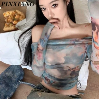 Pinxiang American Hot Girl Angel Print Áo thun dài tay một vai