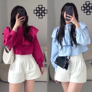 Áo sơ mi croptop bèo tay dài phong cách tiểu thư, Áo sơ mi công sở nữ thiết kế cổ trụ thanh lịch - A284 Guu guuu