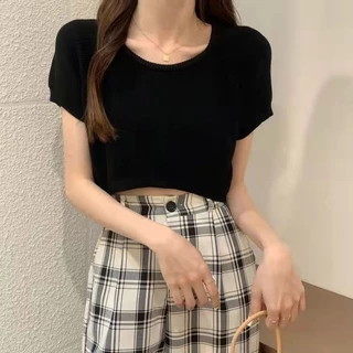 Ngắn Crop Top Đáy Áo Sơ Mi Mặc Ngoài Mùa Hè Phong Cách Mới Mỏng Dệt Kim Áo Len Ngắn Tay Nữ Happy Notes HYQQ