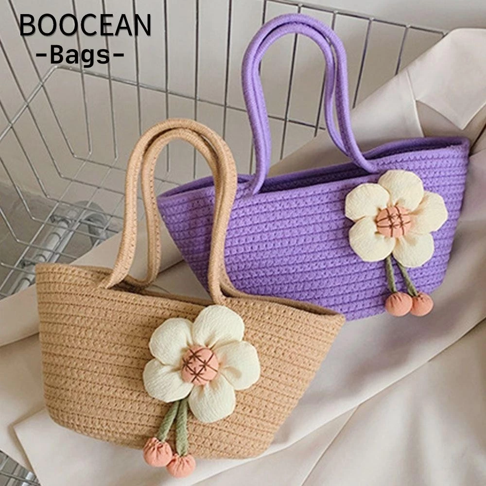 BOOCEAN Túi Rơm Hoa Nữ Bé Gái Cotton Đi Biển Mùa Hè Túi Mua Sắm