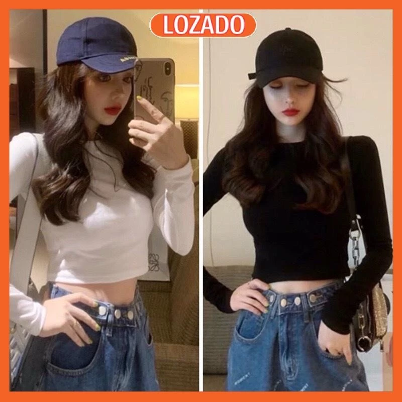 Áo len tăm dài tay nữ LOZADO áo kiểu nữ cổ tròn dáng croptop ôm body - A132