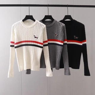 FBLF Thom Browne 2024Autumn and Winter New Contrast Color Striped Puppy Embroidery Sunken Stripe Twist round Neck Pullover Sweater Bottoming Sweater