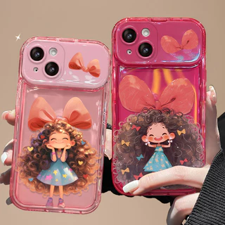 Ốp Lưng Đựng Gương Tóc Xoăn IPhone Cheek Girl Cho 7 7plus 8 8plus Xs Xr 11 12 13 14 15 Pro Plus Promax Nơ Màu Hồng Lớn Cô Gái Dễ Thương Thiết Kế Gương Lật Độc Đáo Chống Rơi Vỏ Mềm