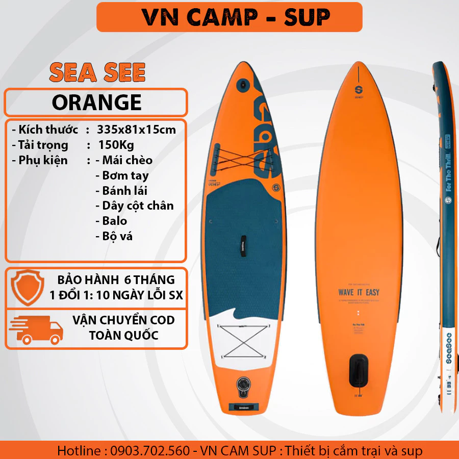 Sup thương hiệu Châu Âu - Ván chèo đứng bơm hơi Sea See - Thuyền SUP chính hãng / Màu cam