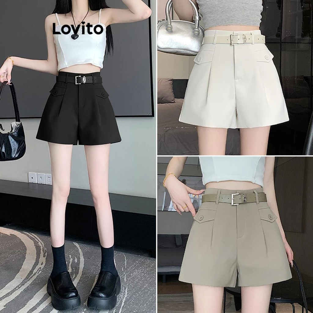 [Mã FAPANT1406 giảm đến 30k đơn từ 99k] Lovito Quần short túi giả trơn thông thường dành cho nữ LNE54546