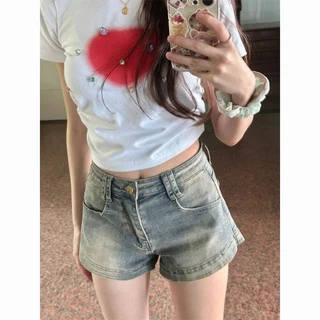 Mỹ High Street Denim Quần Short Nữ Mùa Hè Phong Cách Mới Thiết Kế Niche Cao Cấp Ôm Hơn Nhìn Nóng Cô Gái Đau Khổ Chữ A Quần Nóng