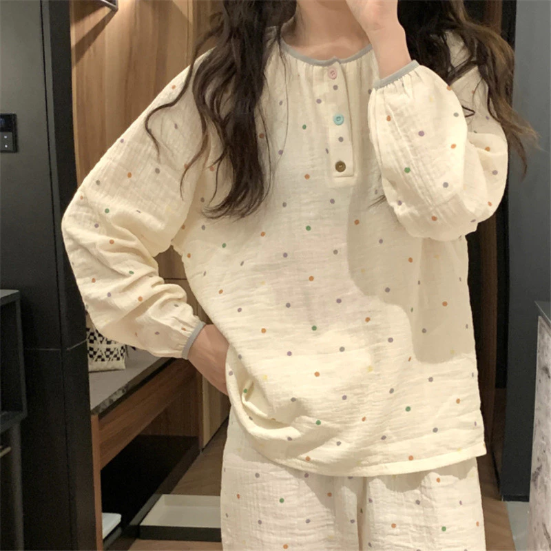 Mùa Xuân 2024 Phiên Bản Hàn Quốc Bộ Đồ Ngủ Sợi Cotton Hai Lớp Ngọt Ngào Cô Gái Rời Đơn Giản Dài Tay Loungewear