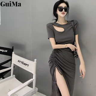 Guima Váy xẻ mông thanh lịch và gợi cảm có eo xếp ly, thon gọn, váy dài vừa vặn rỗng, nữ hợp thời trang