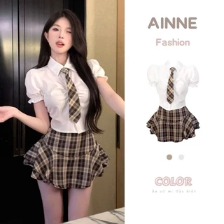 AINNE Preppy Phong Cách Hot Girl Puff Áo Sơ Mi Nữ Thiết Kế Mùa Hè Cảm Giác Niche Pure Desire Slim Fit Xếp Ly Áo Sơ Mi Ngắn Top