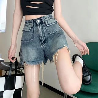 Jiashuchen High Street Retro Quần Short Denim Ống Rộng Nữ Mùa Hè Phong Cách Mới Hot Girl Thiết Kế Eo Cao Mỏng Hơn Nhìn Chữ a Quần Nóng Mờ