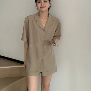 Bộ Đồ Ngủ Tay Dài Ins Style Cao Cấp Đơn Giản Bộ Đồ Ngủ Ngắn Tay Nữ Mùa Hè Phong Cách Mới Sang Trọng Cardigan Quần Short Mặc Nhà