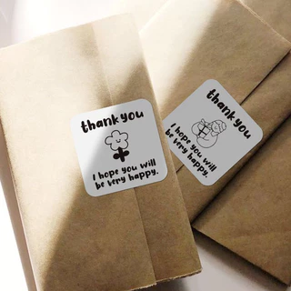 Tập 100 tem đen trắng 4x4cm Thank you hoạt hình TE45 decal dễ thương niêm phong dán hộp túi đóng hàng quà tặng