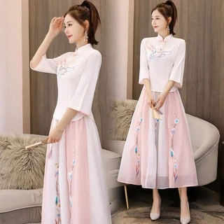 Hanfu 2024 Phong Cách Mới Đầm Nữ Phong Cách Trung Hoa Mùa Xuân Sườn Xám Đầm Retro Mỏng Hơn Nhìn Nữ Bộ Đồ Hai Mảnh