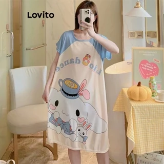 Đầm ngủ Lovito cơ bản ghép nối màu sắc hoạt hình thường ngày cho nữ LNA27256 (Màu trắng)