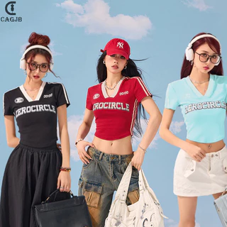 [Cagjb] Áo thun ngắn tay cổ chữ V in chữ cổ điển Mỹ dành cho nữ Y2K Slim Crop Top YOMG