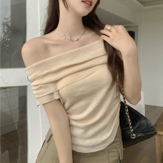 Áo thun nữ ngắn tay trễ vai Style Are You tăm cotton vạt ngang đơn giản basic màu đen trắng hồng