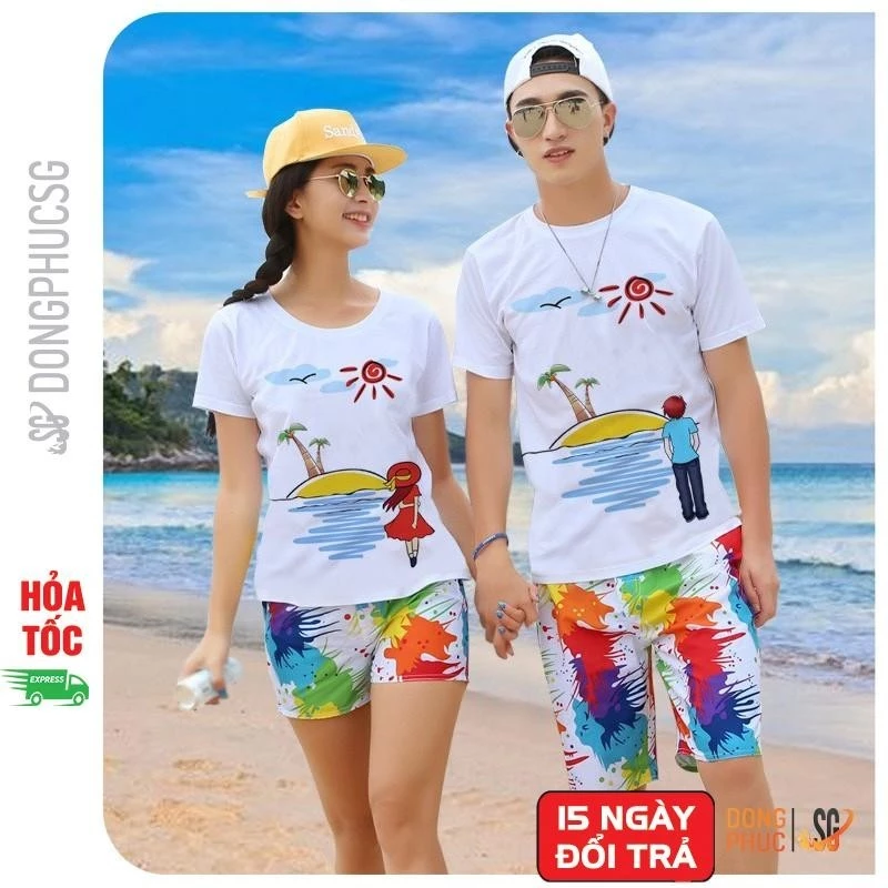 Đồ đôi đi biển nam nữ set gồm áo thun và quần hoạ tiết nổi bật có thể mặc cặp nhóm gia đình DDB48T01