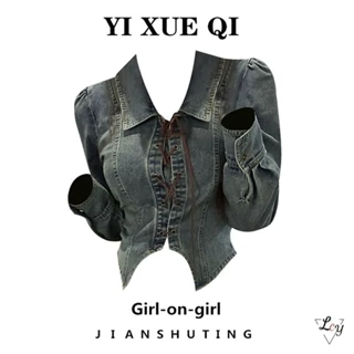 Áo Sơ Mi denim Mỏng Cổ polo Cột Dây Phong Cách Âu Mỹ retro Kích Thước Lớn y2k Millet Cho Nữ