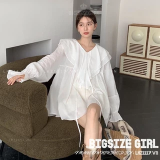 Áo sơ mi nữ tay dài Bigsize Áo sơ mi babydoll kiểu form rộng cổ chữ v bánh bèo trắng Mùa Thu Phong cách Hàn Quốc Thời Trang đẹp