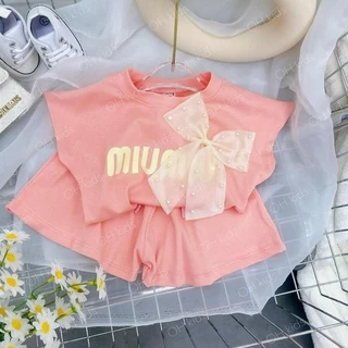 Bộ quần áo cotton cọc tay họa tiết gắn nơ cho bé gái size 6-16kg