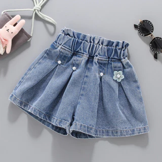 Bé Gái Xếp Ly Quần Short Denim Mùa Hè Mặc Ngoài Phong Cách Mới Trẻ Em Quần Jean Bé Gái Quần Nóng Phong Cách Ngắn Phong Cách Hàn Quốc Thời Trang