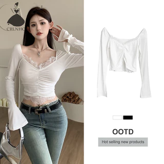 Áo Croptop Tay Dài Phối Ren Hoa Thiết Kế Cổ Chữ v Quyến Rũ