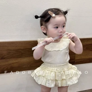 Bé mùa hè lưng không tay ruffle cổ áo bé gái trăm trang công chúa đôi nụ quần short