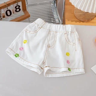 Nóng Phong Cách Mới Nhật Bản Bé Gái Hàn Quốc Quần Short Denim Mùa Hè 2024 Mỏng Phong Cách Bé Gái Thêu Ngoài Mặc Thời Trang Dễ Thương Rửa Quần Nóng