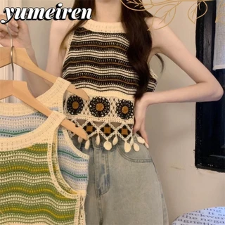 Yumeiren Dệt Kim Tank Top, Sọc Rỗng Camisole, Tua Rua Thời Trang Phong Cách Quốc Gia Vintage Tay Ngắn Mùa Hè