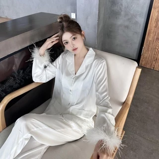 Mùa Xuân Thu Lụa Bộ Đồ Ngủ Nữ Lông Vũ Tay Áo Cao Cấp Tính Khí Dài Tay Ice Silk Loungewear